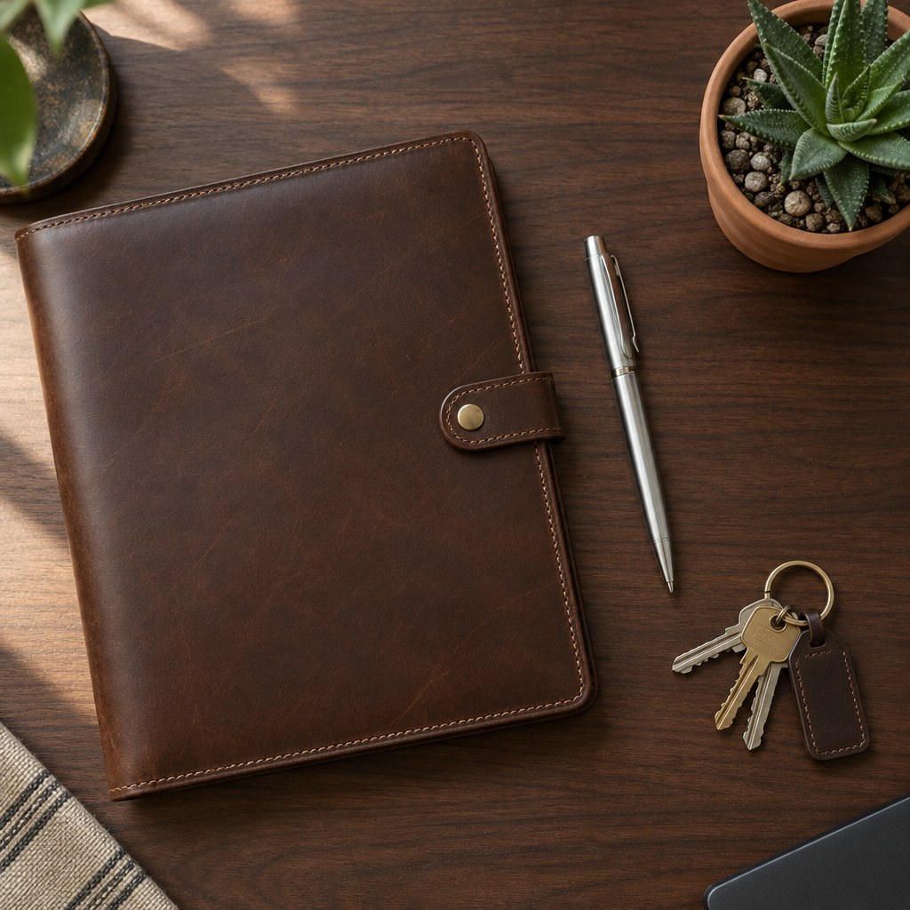 Illustrative desk flat lay, headshot to come
