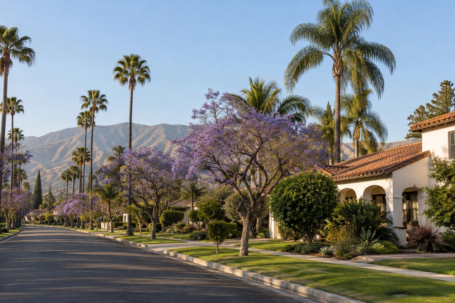 A quiet the Inland Empire street with bungalows, illustrative
