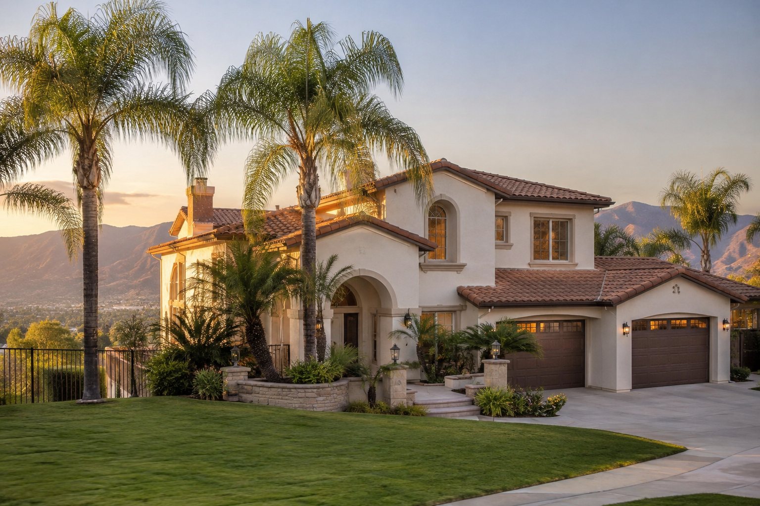 A Southern California Inland Empire home with palms and mountains in soft evening light, illustrative