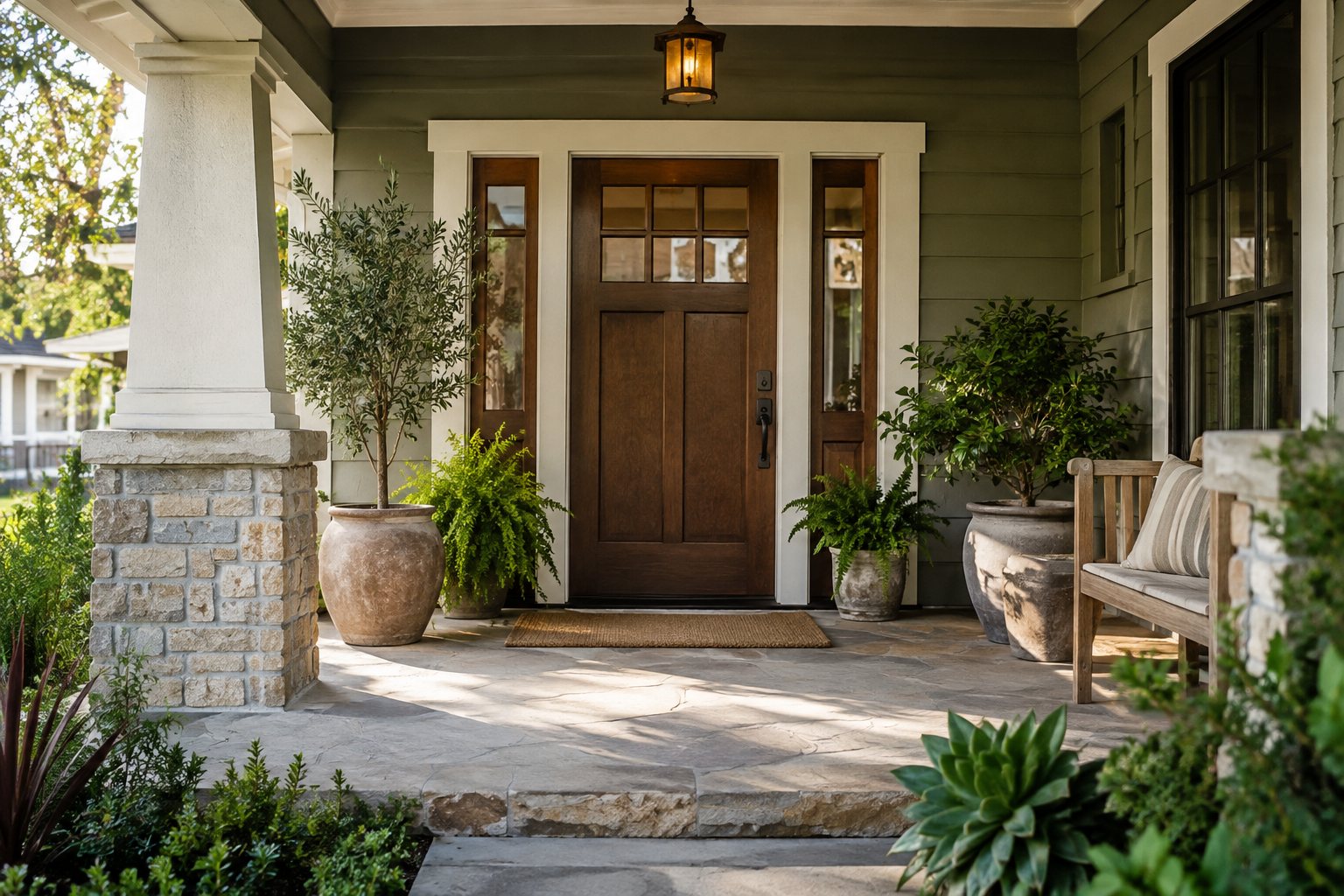 A covered front entry of a the Inland Empire home, illustrative